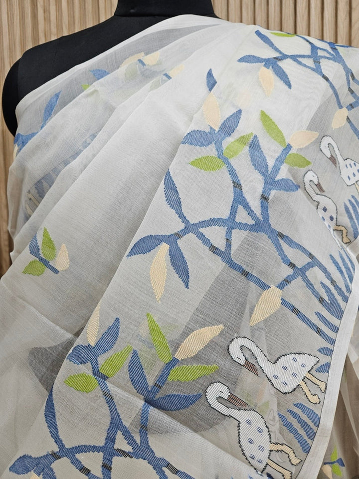 Off-White Handwoven Muslin Silk Jamdani Saree with Multicolor Swan & Leaf Motifs Balaram Saha