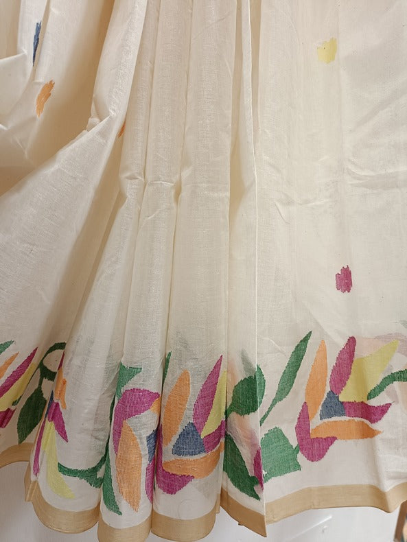 White on Multicolor Handwoven Traditional  Cotton Jamadni Saree Balaram Saha