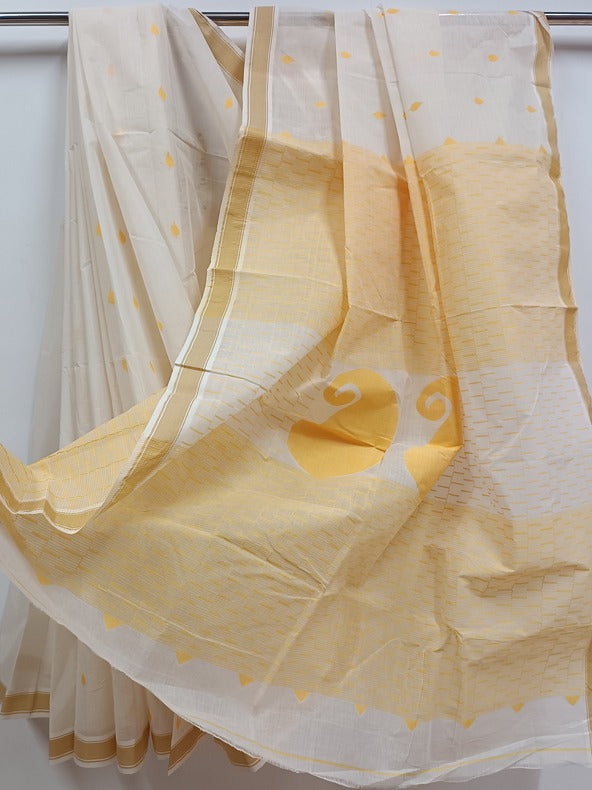 White and Yellow Handloom Handwoven Traditional Cotton Jamdani Balaram Saha
