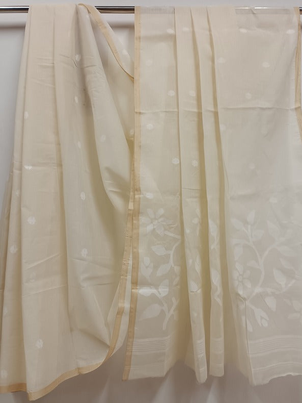 White on White Handloom Handwoven Cotton Jamdani Saree Balaram Saha