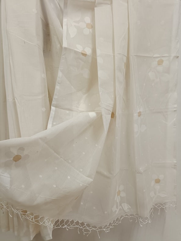 White on White Traditional Handwoven Cotton Jamdani Saree Balaram Saha
