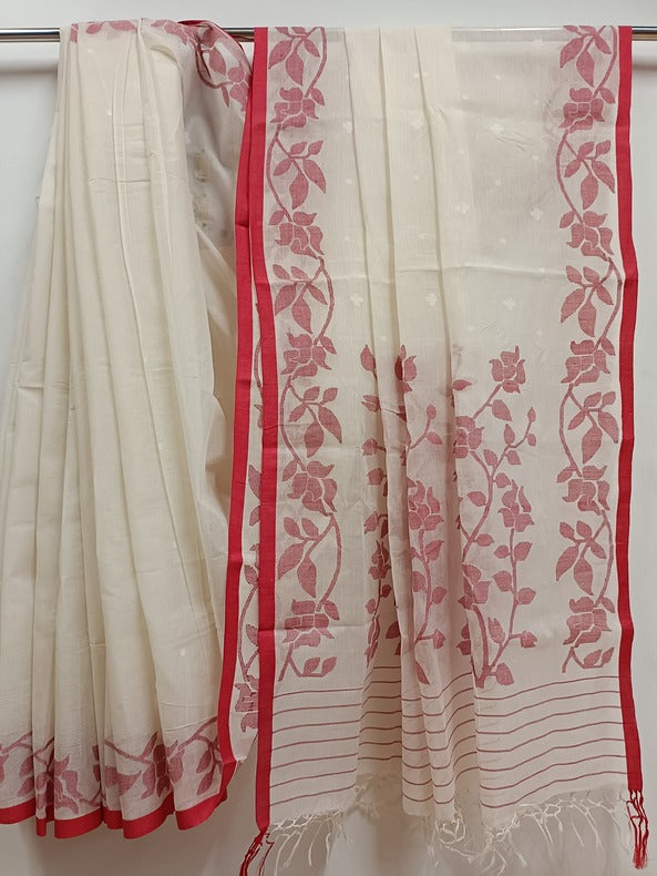 White & Red Handloom Handwoven Traditional Cotton Jamdani Saree Balaram Saha