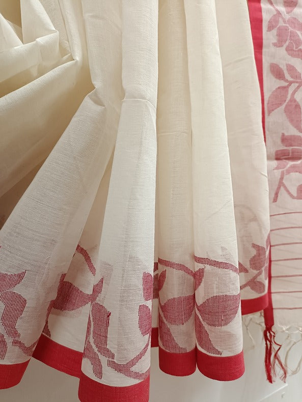 White & Red Handloom Handwoven Traditional Cotton Jamdani Saree Balaram Saha