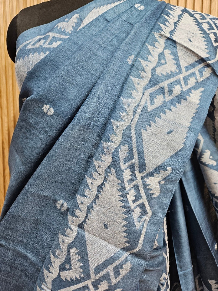 Balaram Saha:Teal Blue Gachhi Tussar Jamdani Saree- A Handwoven Gem Balaram Saha