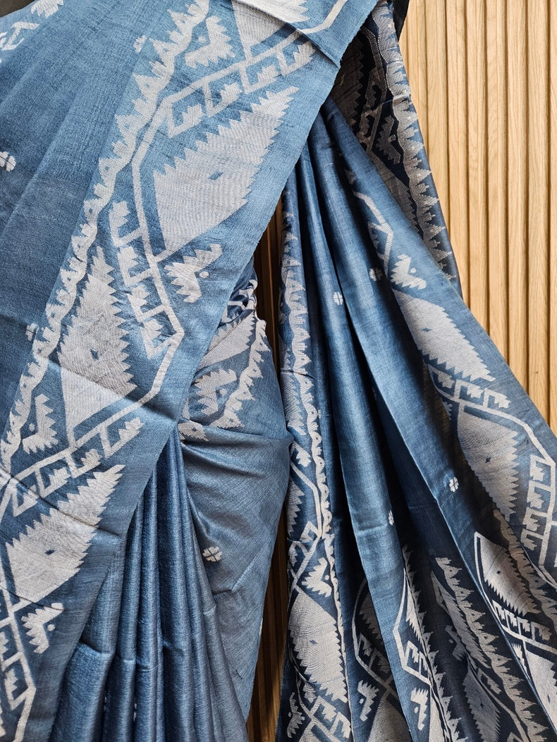 Balaram Saha:Teal Blue Gachhi Tussar Jamdani Saree- A Handwoven Gem Balaram Saha