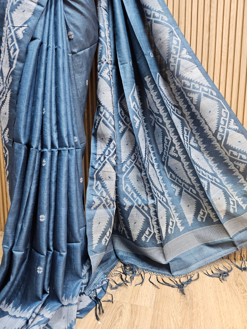 Balaram Saha:Teal Blue Gachhi Tussar Jamdani Saree- A Handwoven Gem Balaram Saha