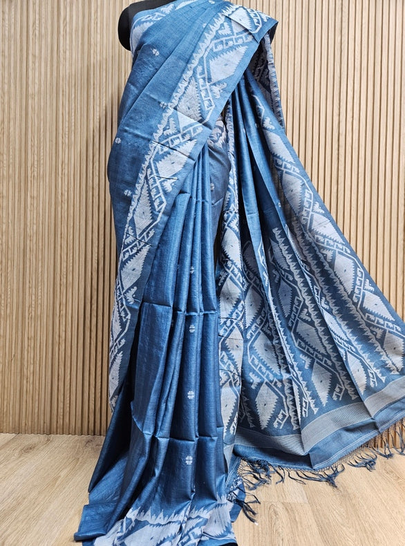 Balaram Saha:Teal Blue Gachhi Tussar Jamdani Saree- A Handwoven Gem Balaram Saha