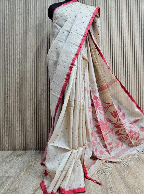 Experience Timeless Grace With This Cream & Red Handloom Tussar Silk Saree Balaram Saha