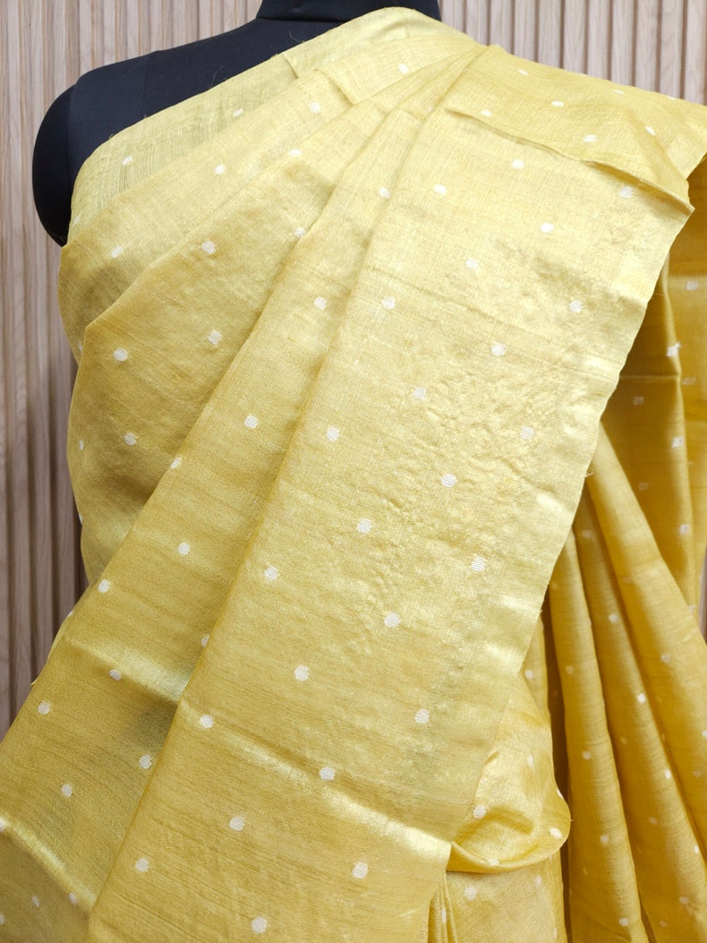 Experience Timeless Grace With This Mustard Yellow & White Handloom Tussar Silk Saree Balaram Saha