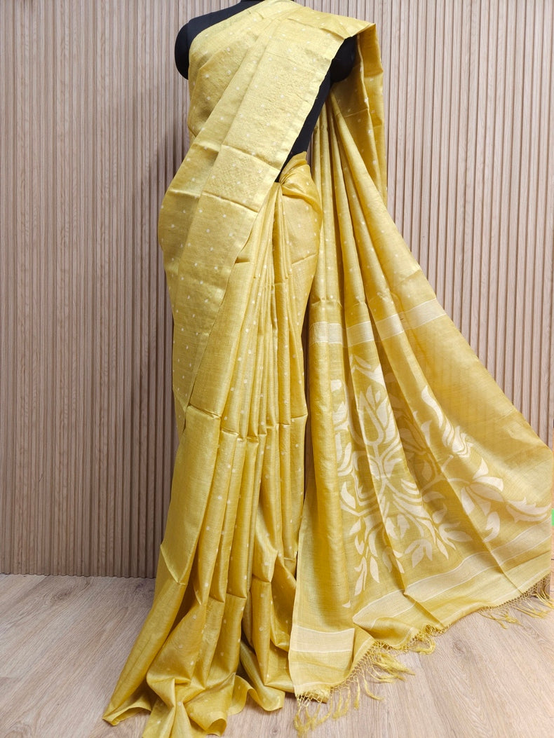 Experience Timeless Grace With This Mustard Yellow & White Handloom Tussar Silk Saree Balaram Saha