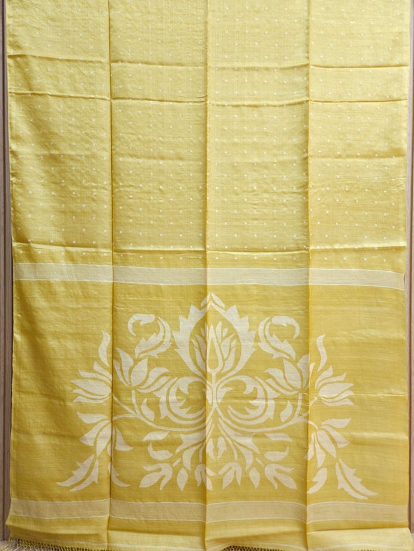Experience Timeless Grace With This Mustard Yellow & White Handloom Tussar Silk Saree Balaram Saha