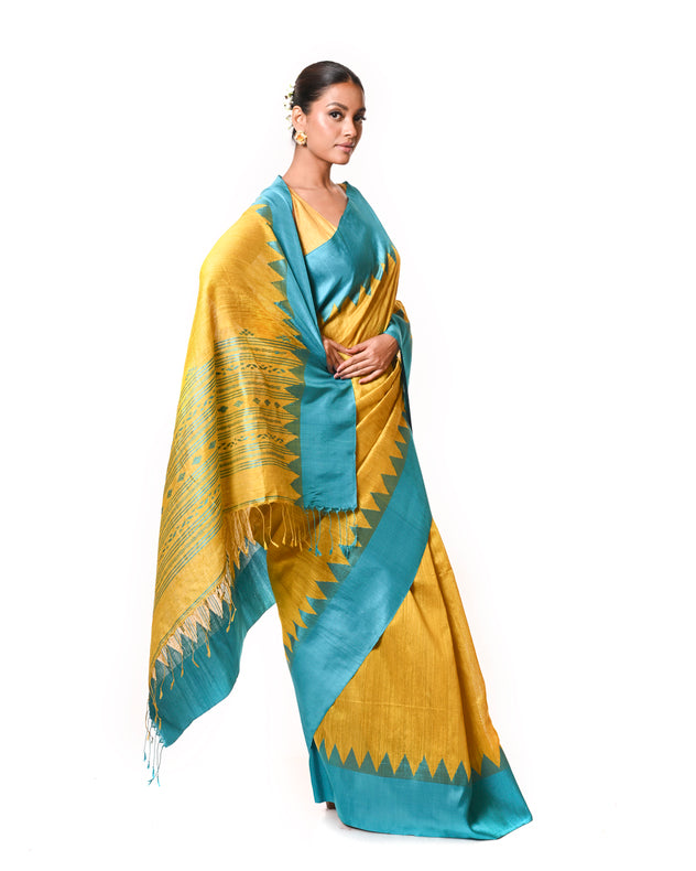 Mustard Green Handloom Matka Silk Saree with Sea Blue Katan Silk Temple Border Balaram Saha
