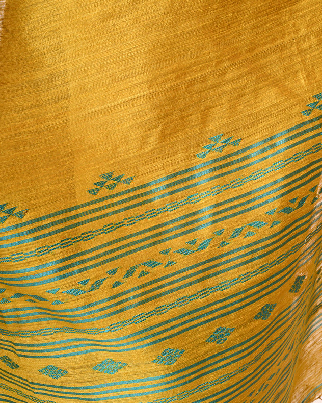 Mustard Green Handloom Matka Silk Saree with Sea Blue Katan Silk Temple Border Balaram Saha