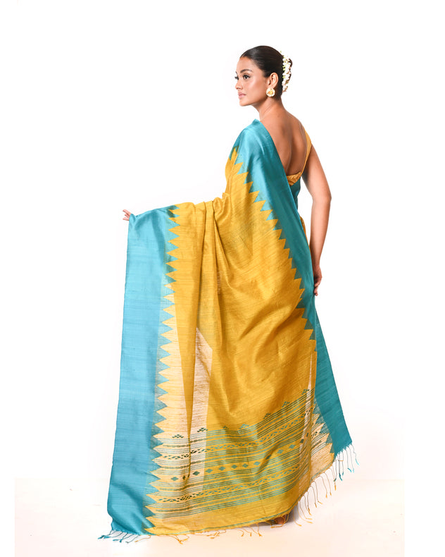 Mustard Green Handloom Matka Silk Saree with Sea Blue Katan Silk Temple Border Balaram Saha