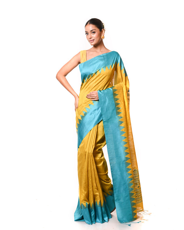 Mustard Green Handloom Matka Silk Saree with Sea Blue Katan Silk Temple Border Balaram Saha