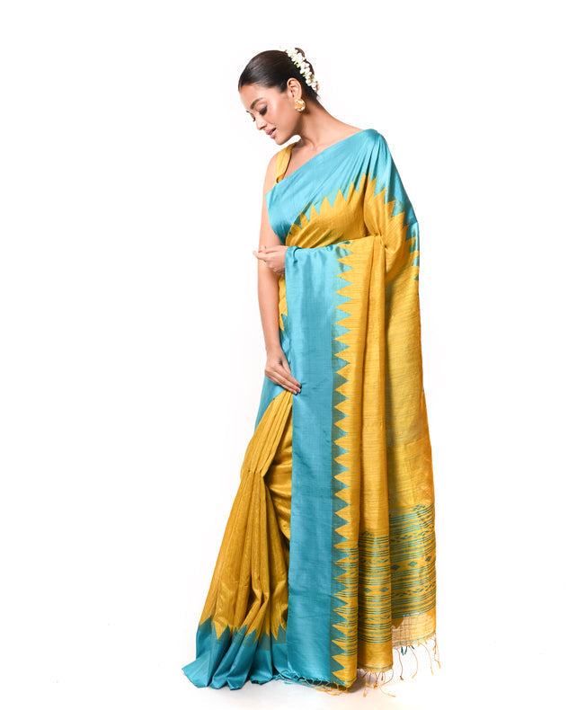 Mustard Green Handloom Matka Silk Saree with Sea Blue Katan Silk Temple Border Balaram Saha