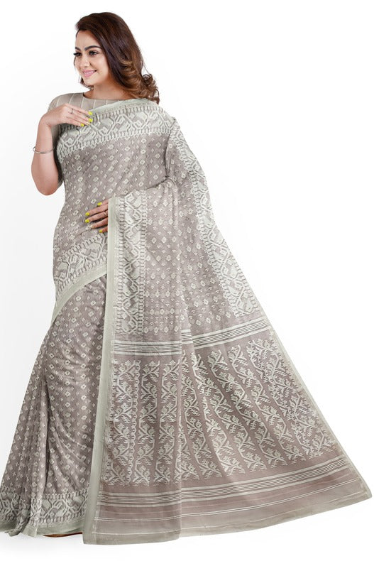 Light Rose Brown & White, soft handloom cotton/Resham dhakai saree Balaram Saha