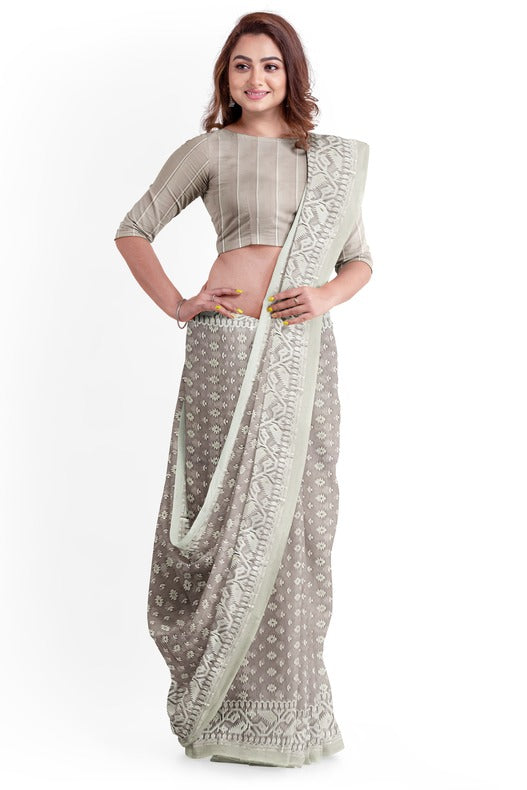 Light Rose Brown & White, soft handloom cotton/Resham dhakai saree Balaram Saha