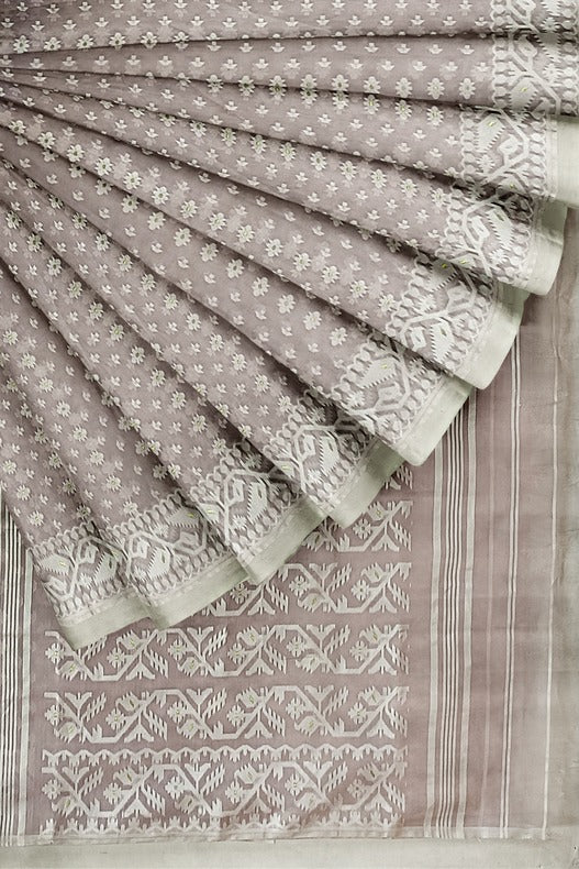 Light Rose Brown & White, soft handloom cotton/Resham dhakai saree Balaram Saha