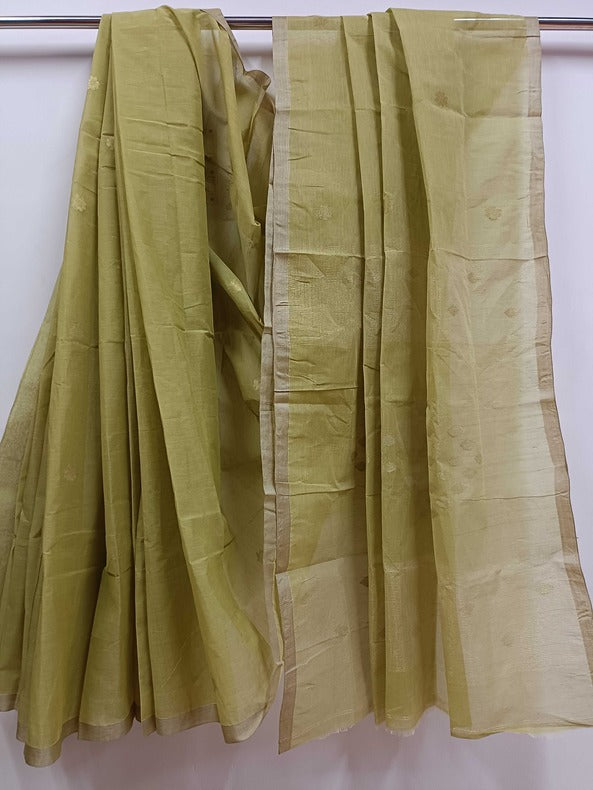 Green and Gold Handloom Traditional cotton Handwoven Jamdani Saree Balaram Saha