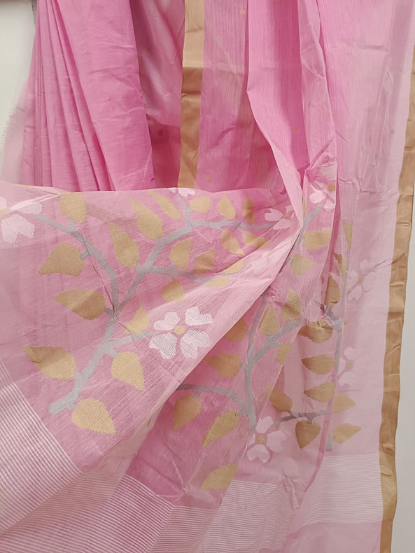 Pink And Beige Handloom Traditional Handwoven Cotton Jamdani Saree Balaram Saha