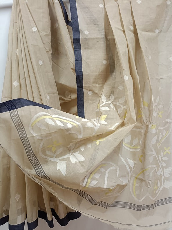 Beige and Blue Handloom Traditional Handwoven Cotton Jamdani Saree Balaram Saha