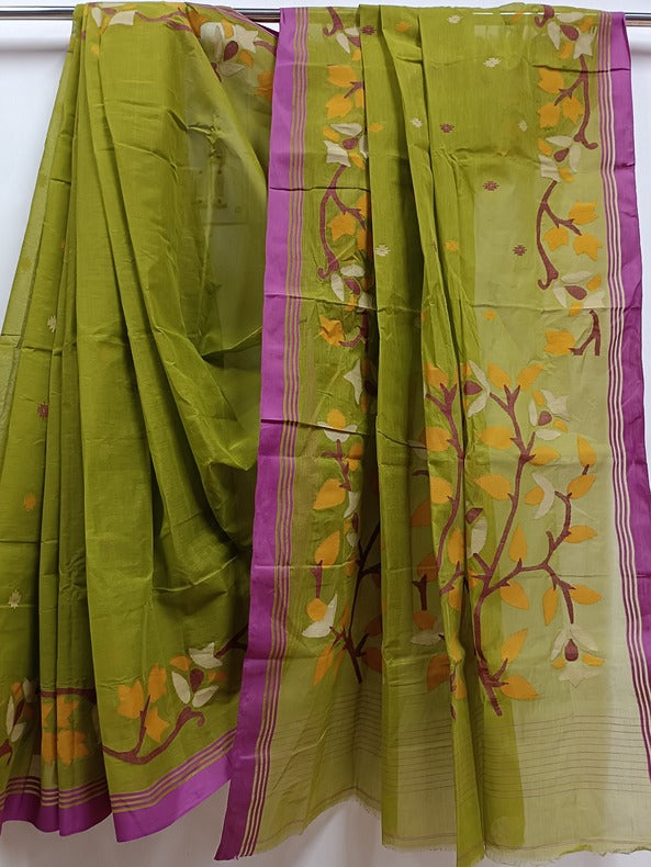 Green & Purple Handloom Traditional Handwoven Cotton Jamdani Saree Balaram Saha