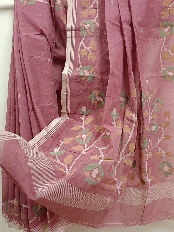 Onion-Pink Traditional Handwoven Cotton Jamdani Saree Balaram Saha