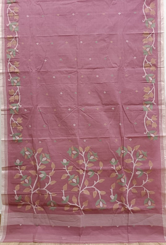 Onion-Pink Traditional Handwoven Cotton Jamdani Saree Balaram Saha