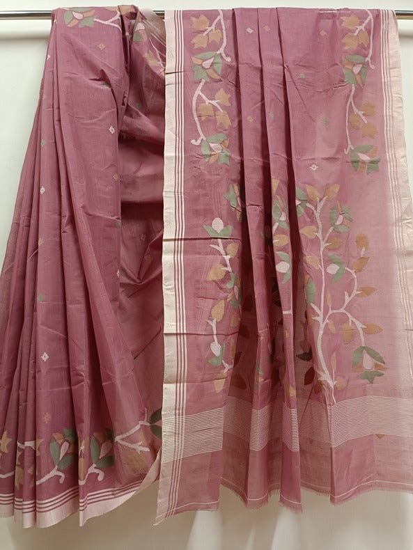 Onion-Pink Traditional Handwoven Cotton Jamdani Saree Balaram Saha