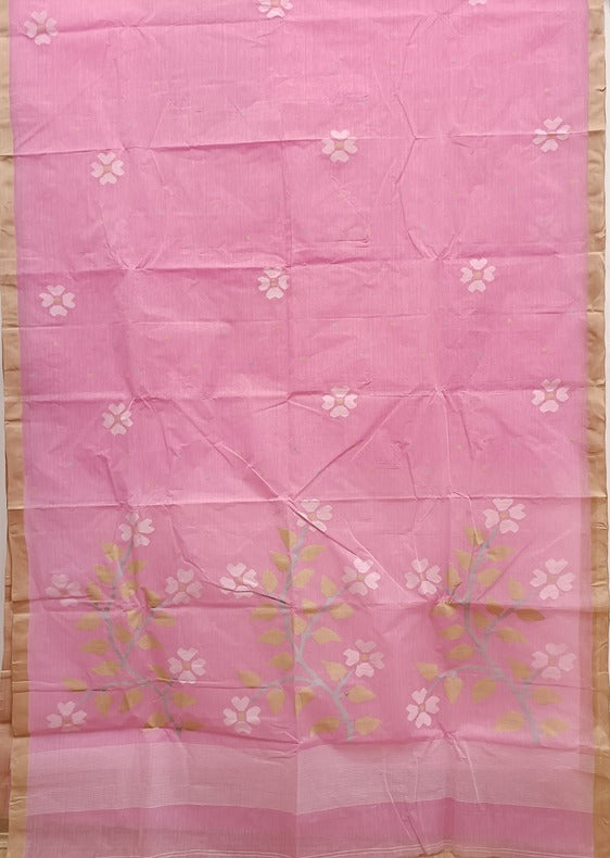 Pink And Beige Handloom Traditional Handwoven Cotton Jamdani Saree Balaram Saha