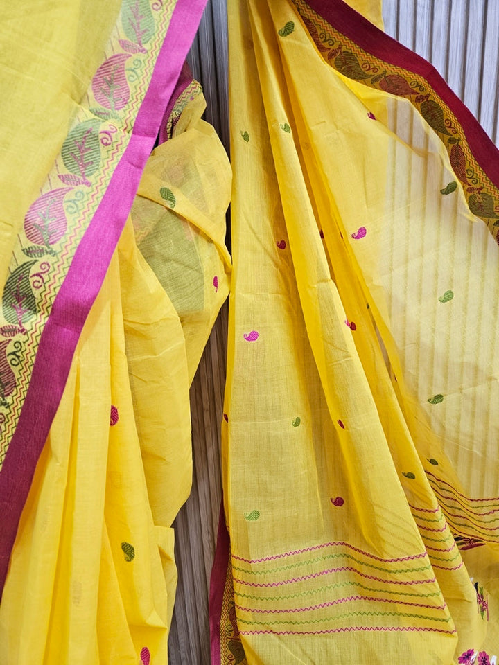 Traditional handloom Cotton Saree Features a Vibrant Yellow With Pink Border Balaram Saha