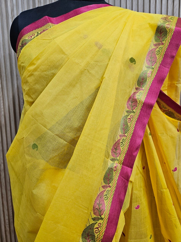 Traditional handloom Cotton Saree Features a Vibrant Yellow With Pink Border Balaram Saha