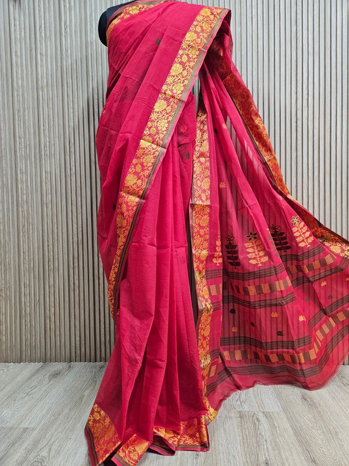 Traditional Handloom Cotton Saree Features Red With Yellow Border Balaram Saha