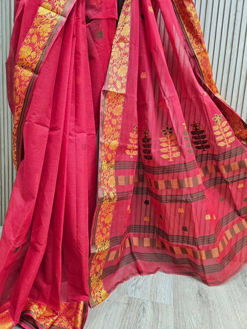 Traditional Handloom Cotton Saree Features Red With Yellow Border Balaram Saha