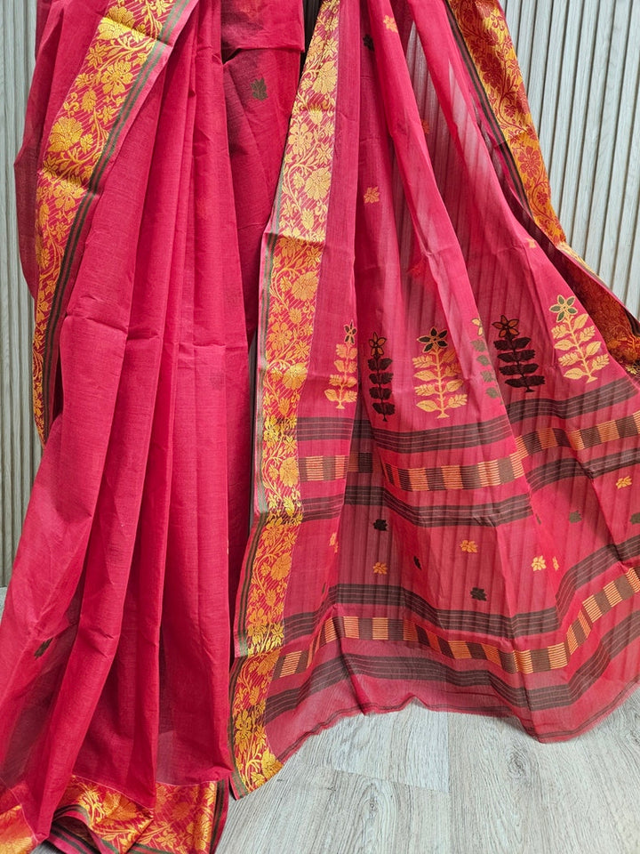 Traditional Handloom Cotton Saree Features Red With Yellow Border Balaram Saha