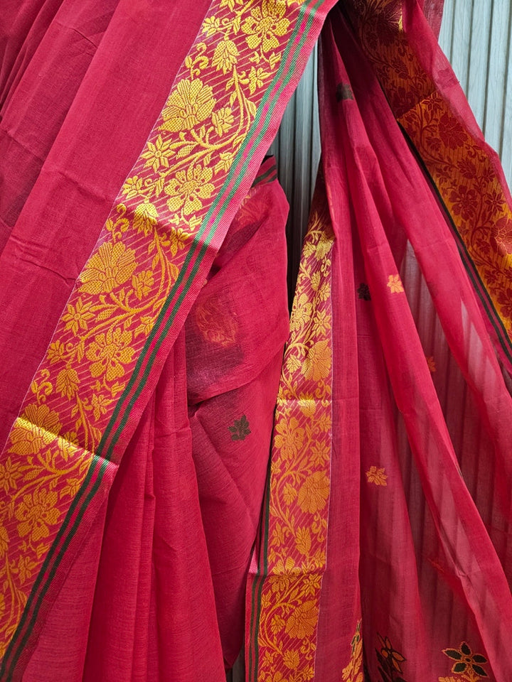 Traditional Handloom Cotton Saree Features Red With Yellow Border Balaram Saha