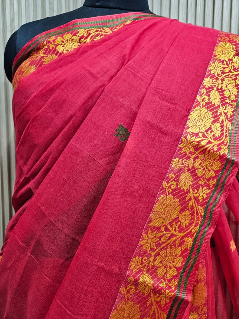 Traditional Handloom Cotton Saree Features Red With Yellow Border Balaram Saha