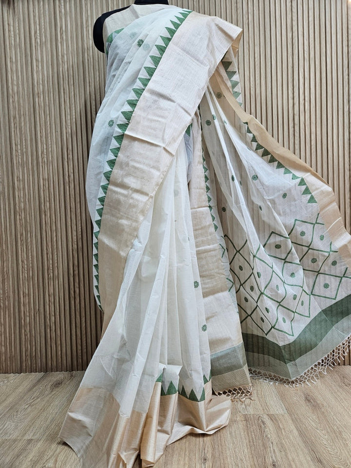 Off-White & Green Traditional Handloom Cotton Saree With Tussar Border Balaram Saha