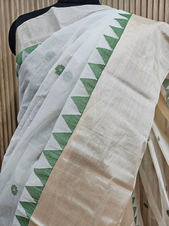 Off-White & Green Traditional Handloom Cotton Saree With Tussar Border Balaram Saha