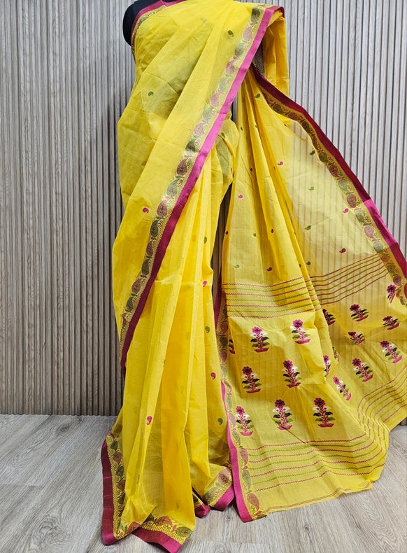 Traditional handloom Cotton Saree Features a Vibrant Yellow With Pink Border Balaram Saha