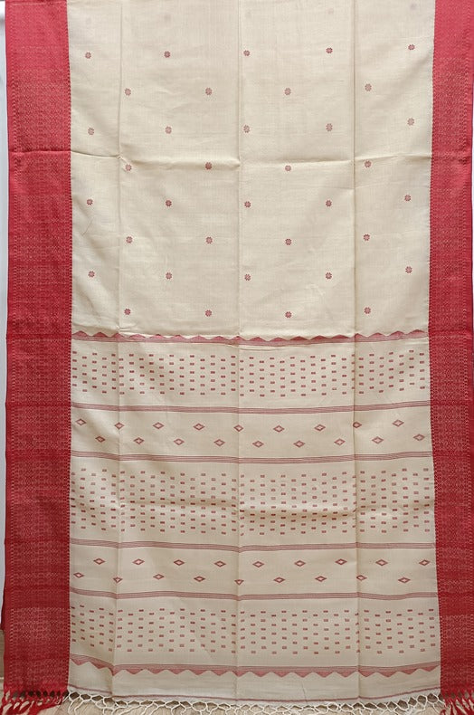 Beige and Red Handloom Soft Tussar Silk Saree With Woven Border Balaram Saha