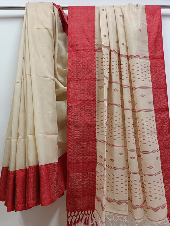 Beige and Red Handloom Soft Tussar Silk Saree With Woven Border Balaram Saha