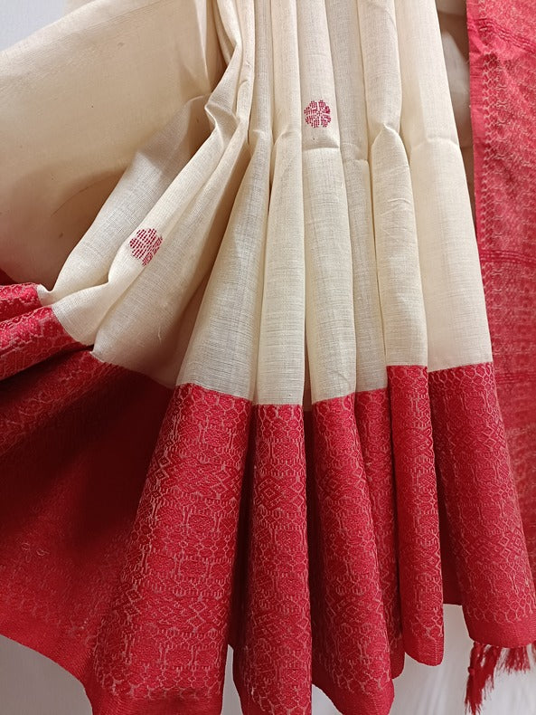 Beige and Red Handloom Soft Tussar Silk Saree With Woven Border Balaram Saha