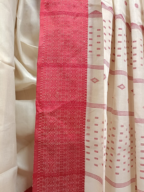 Beige and Red Handloom Soft Tussar Silk Saree With Woven Border Balaram Saha