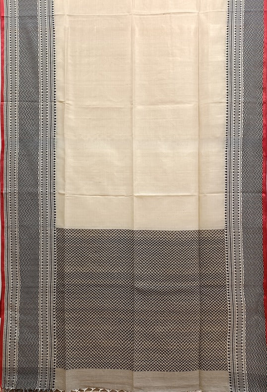 Beige and Black Handloom Tussar Silk Saree with Woven Border Balaram Saha