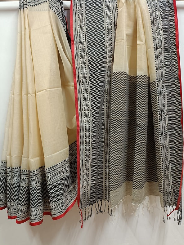Beige and Black Handloom Tussar Silk Saree with Woven Border Balaram Saha
