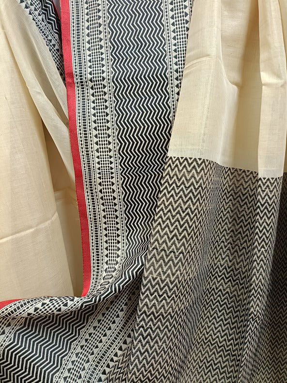 Beige and Black Handloom Tussar Silk Saree with Woven Border Balaram Saha