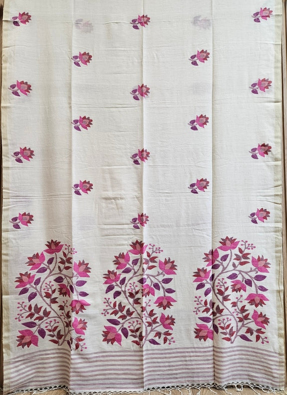 Off-White Handwoven Handspun Cotton Jamdani Saree with Multicolor Floral Motif Balaram Saha