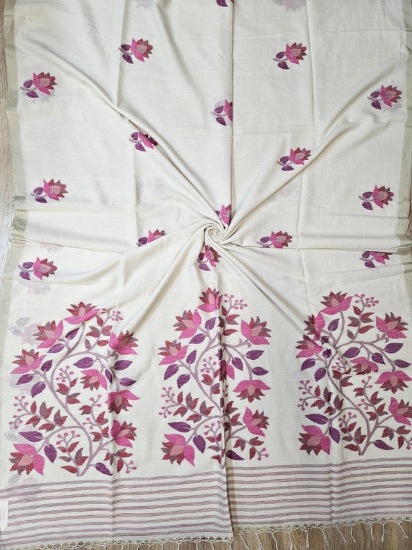 Off-White Handwoven Handspun Cotton Jamdani Saree with Multicolor Floral Motif Balaram Saha